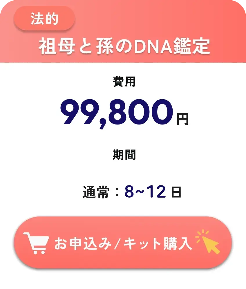 法的・祖母と孫のDNA鑑定・99,800円・検査期間3~5日(通常7~9日)税込・往復送料込